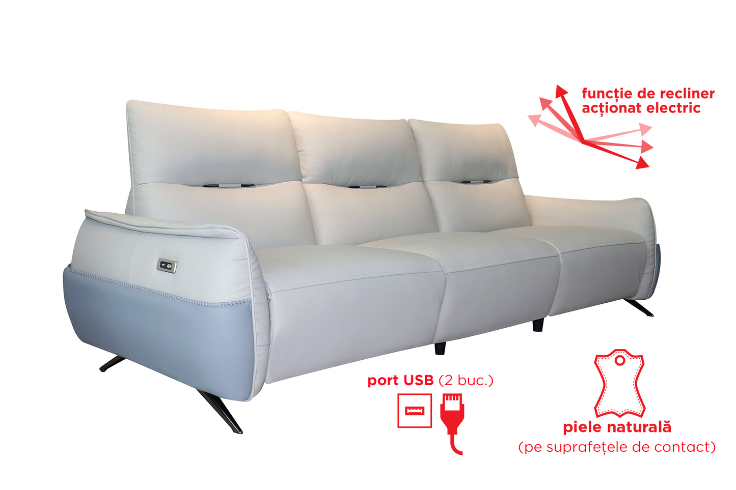 Canapea piele naturală Capri cu reclinere electrice - Gallery Image 2