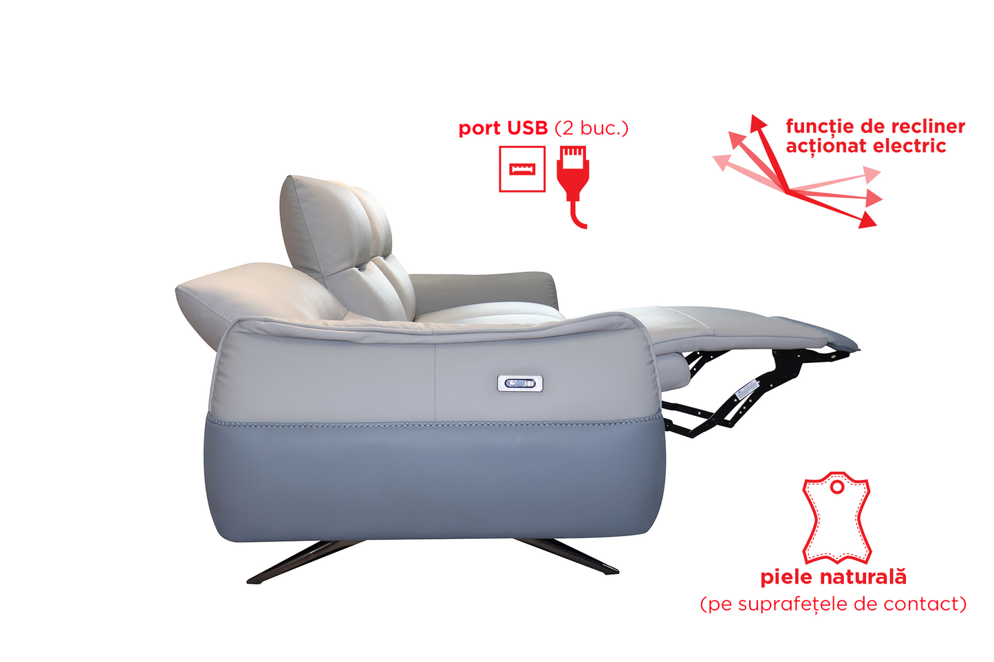 Canapea piele naturală Capri cu reclinere electrice - Gallery Image 3