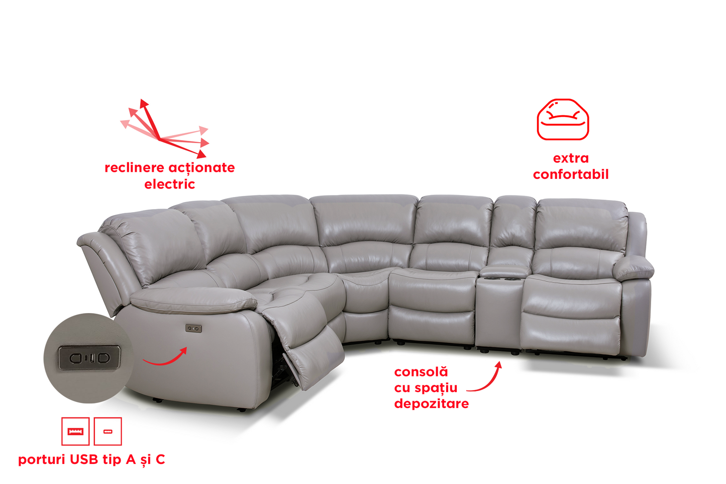 Colțar piele naturală Grand Lounge cu reclinere electrice - Gallery Image 2