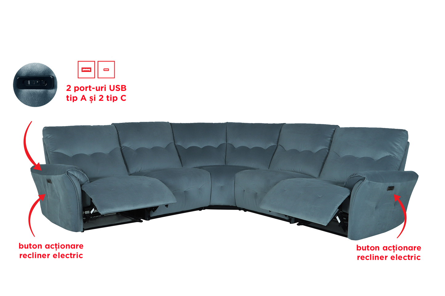 Colțar cu reclinere electrice Grandeur - Gallery Image 2