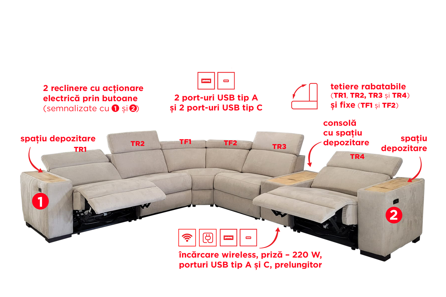 Colțar cu reclinere electrice Prestige Maximus - Gallery Image 1