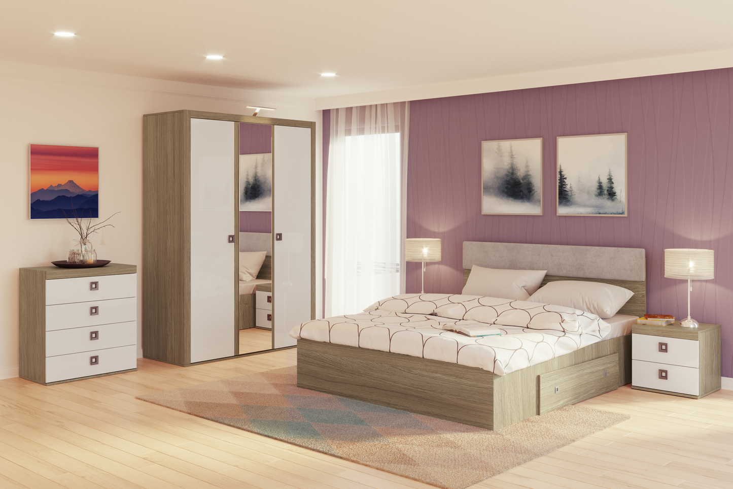 Dormitor Domino Havana cu șifonier 3 uși L147 și pat cu 1 sertar - Main Image