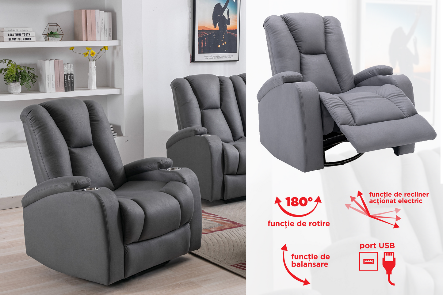 Fotoliu cu recliner electric Regal Grey (balansoar, rotativ) - Main Image