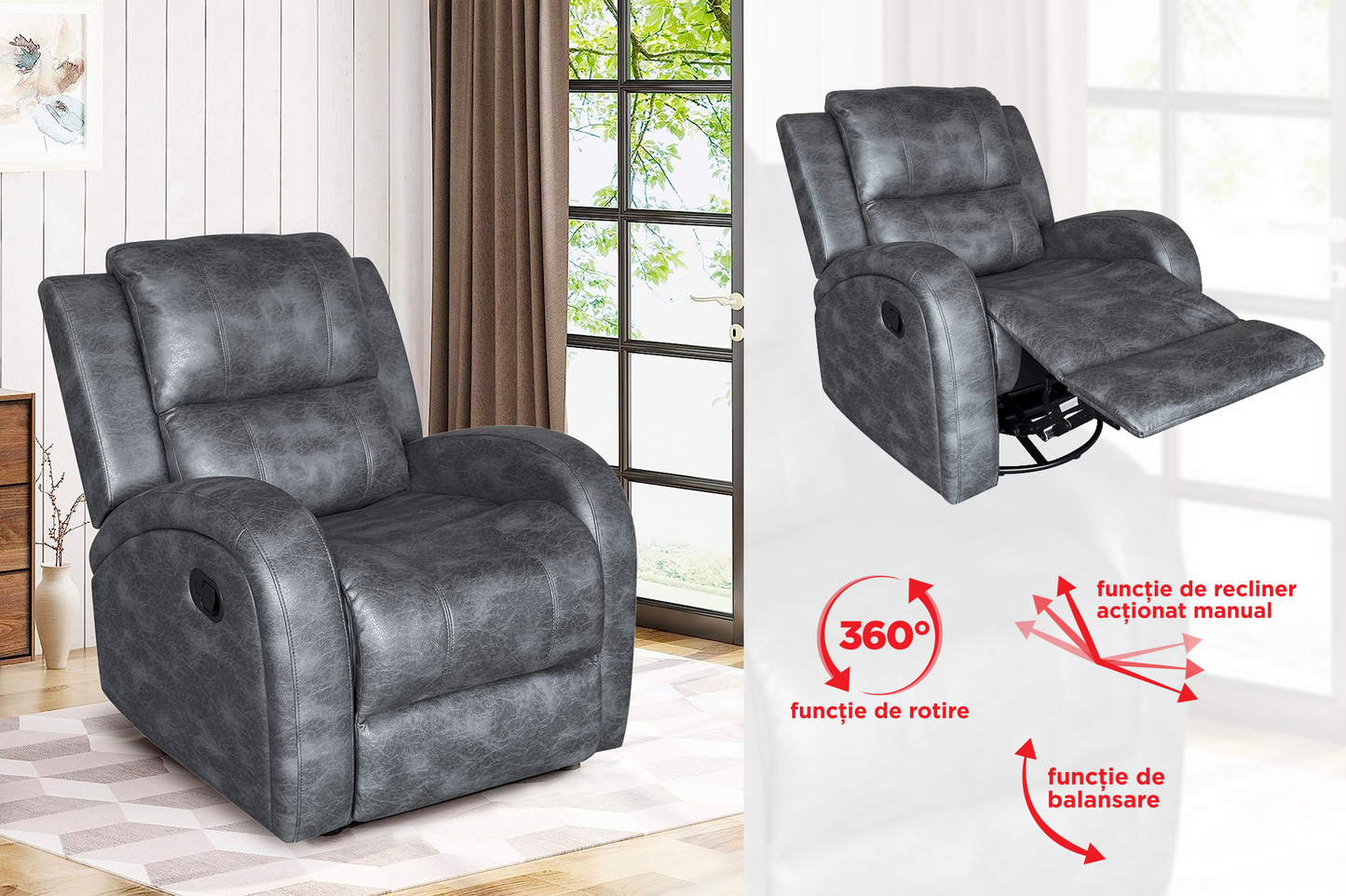 Fotoliu cu recliner Toronto Grey (balansoar, rotativ) - Main Image