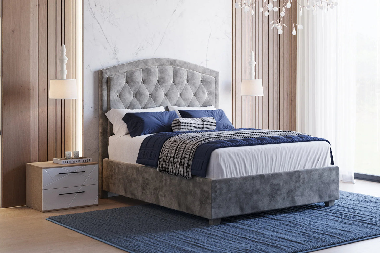 Pachet pat Luxor tapițat integral + 2 perne decorative