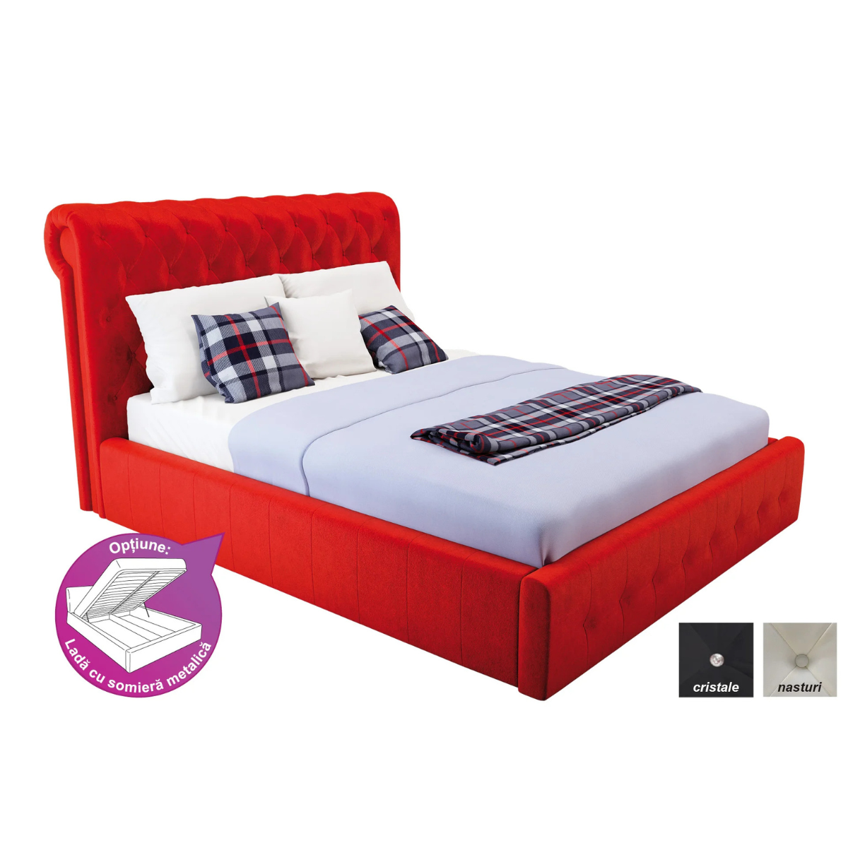 Pachet pat Bourbon tapițat integral + suport saltea sau 2 perne decorative
