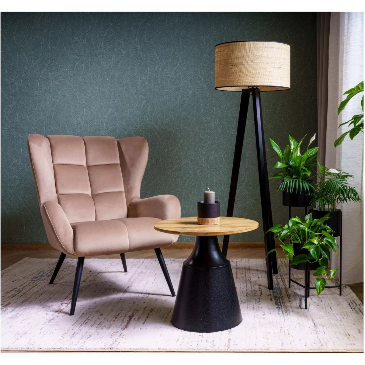 Set masute cafea Itaka, blat MDF stejar/ negru mat + metal, 50 x 50 cm/ 70 x 40 cm