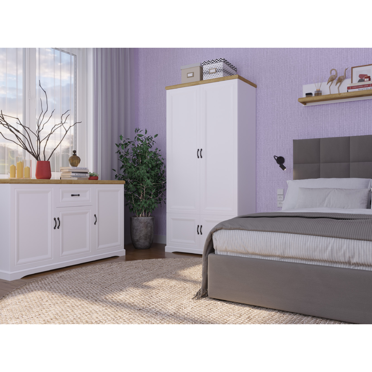 RIVA Comoda KOM2D1S (2 usi, 1 sertar), alb/ stejar harbor, 103 x 41 x 92 cm