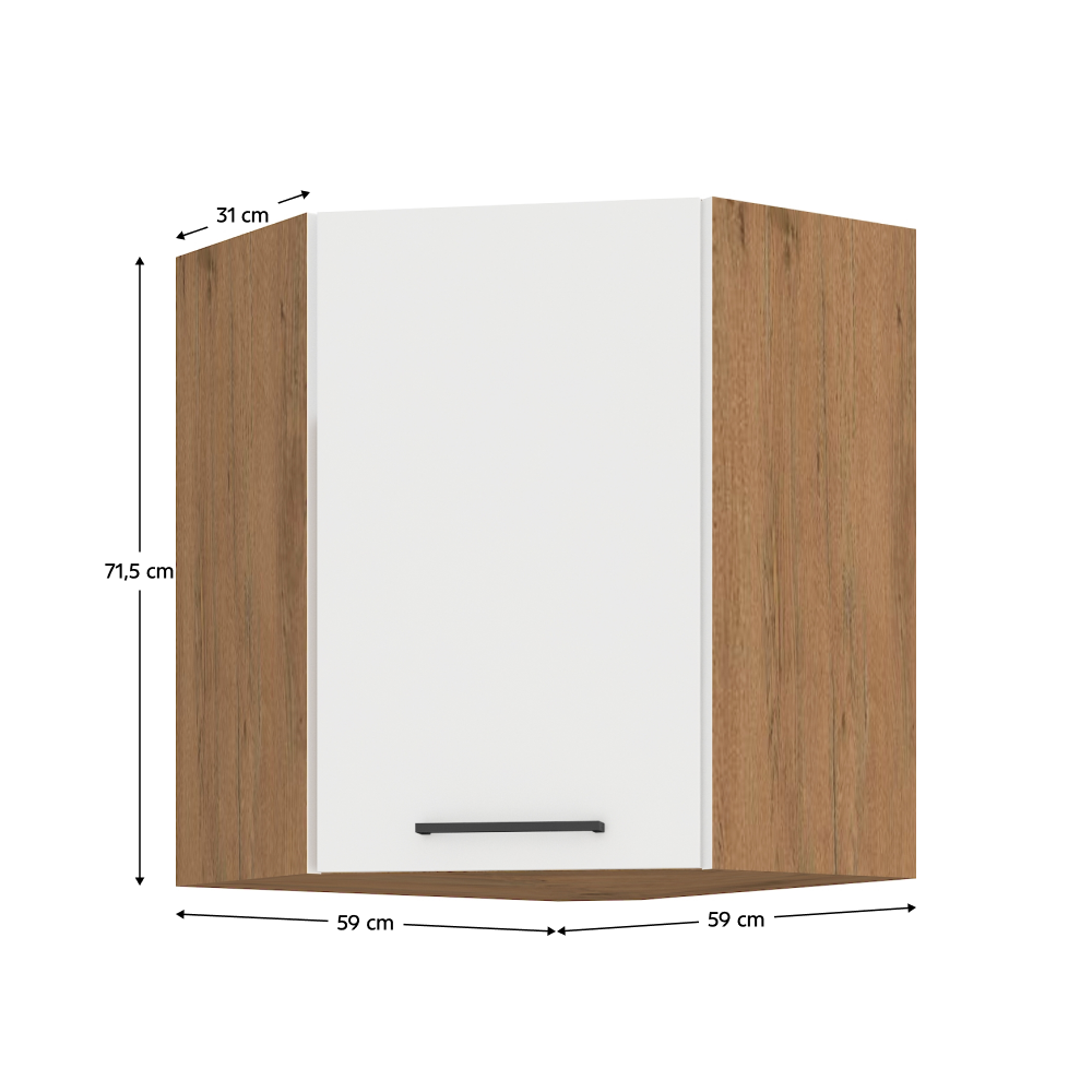 Cabinet superior de colţ, alb extra lucios HG/stejar Lancelot, VEGA 58x58 GN-72 1F