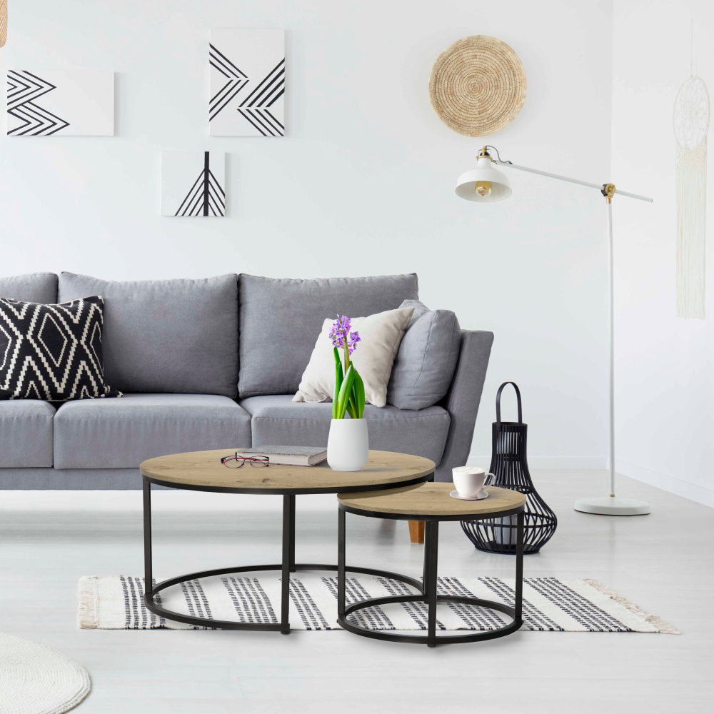 Măsuţe de cafea, set de 2, stejar/negru, CIRKO