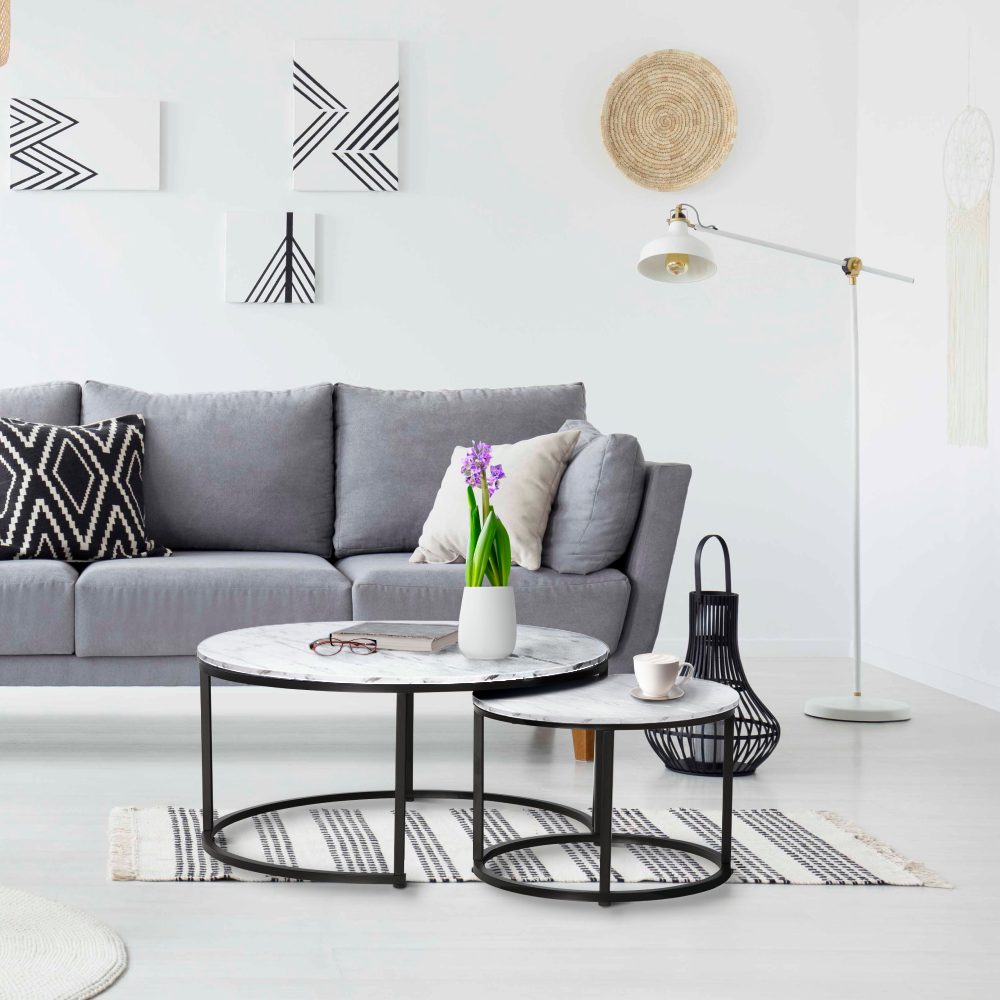 Măsuţe de cafea, set de 2, alb/negru, CIRKO