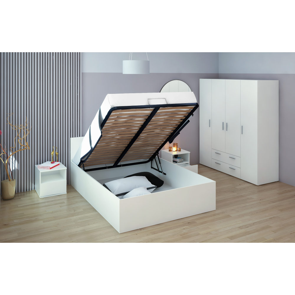 Pat cu grătar metalic şi spaţiu de depozitare, 140x200, alb, DOLI