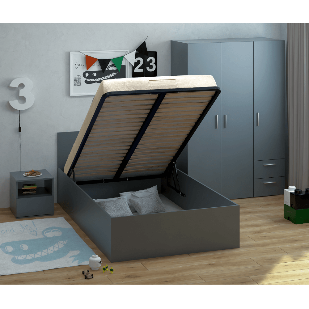 Pat cu grătar metalic şi spaţiu de depozitare, 120x200, grafit, DOLI