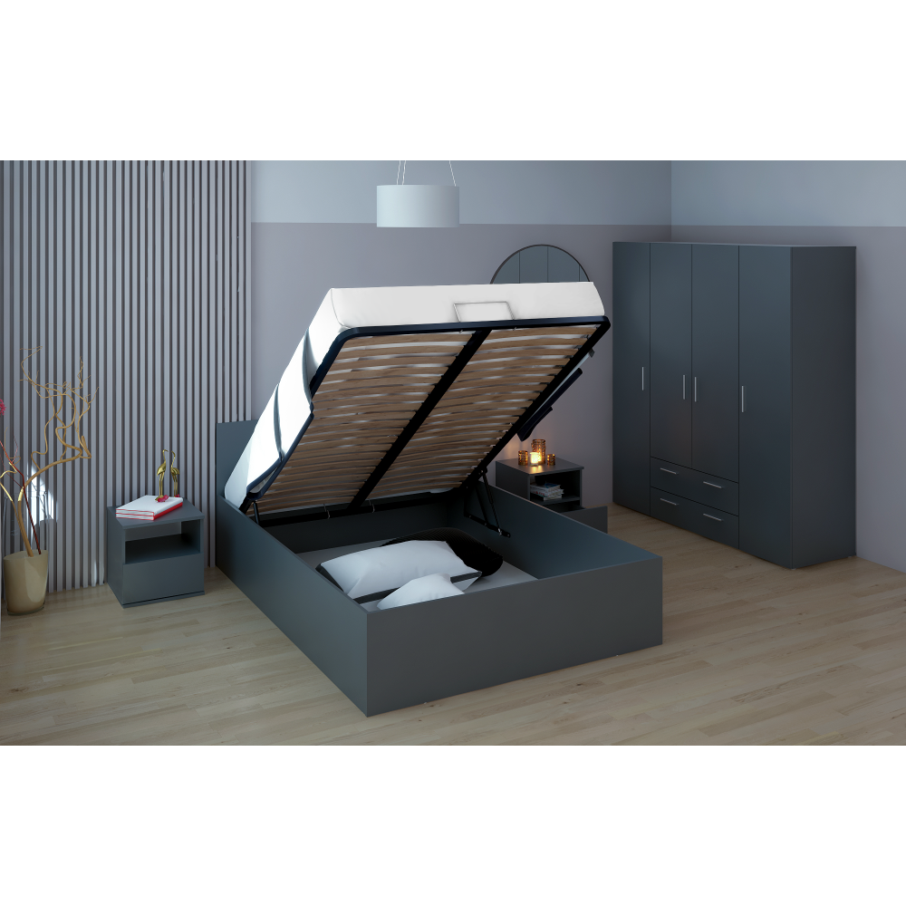 Pat cu grătar metalic şi spaţiu de depozitare, 140x200, grafit, DOLI