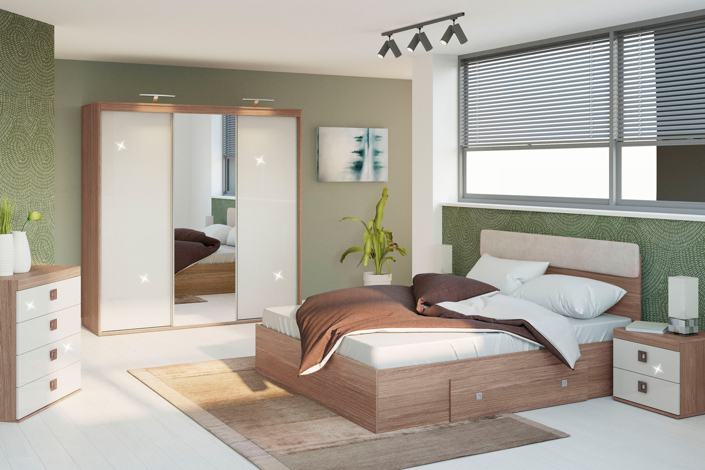 Dormitor Domino Havana cu șifonier 3 uși L198 și pat cu 1 sertar - Main Image