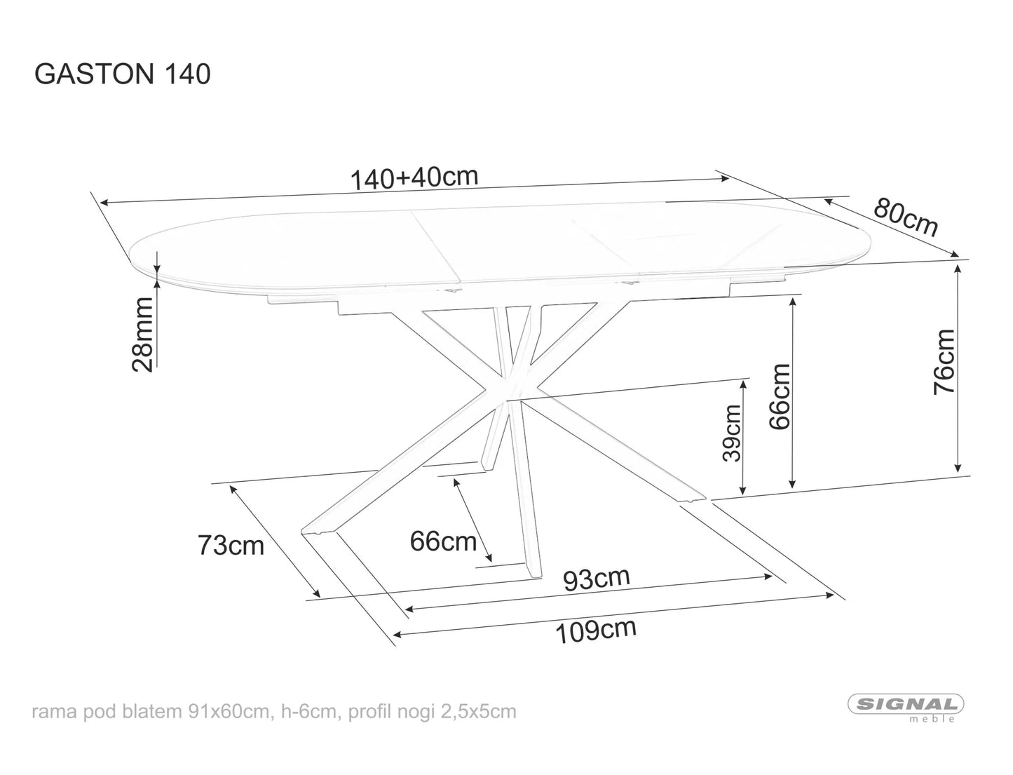 Masa extensibila Gaston, ceramica alba/ metal, 140/180 x 80 x 75 cm