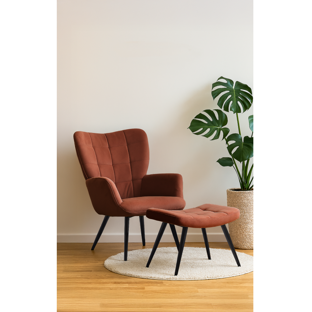 Fotoliu cu suport pentru picioare, ţesătură Velvet maro/negru, HABEN