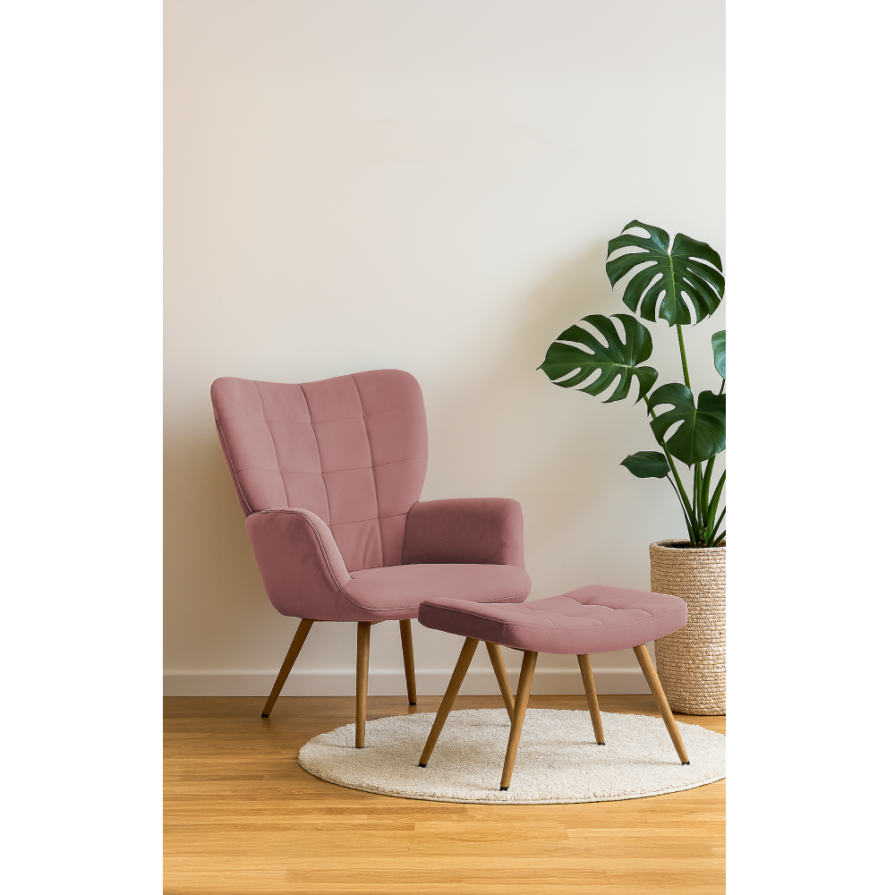 Fotoliu cu suport pentru picioare, ţesătură Velvet roz/stejar, HABEN