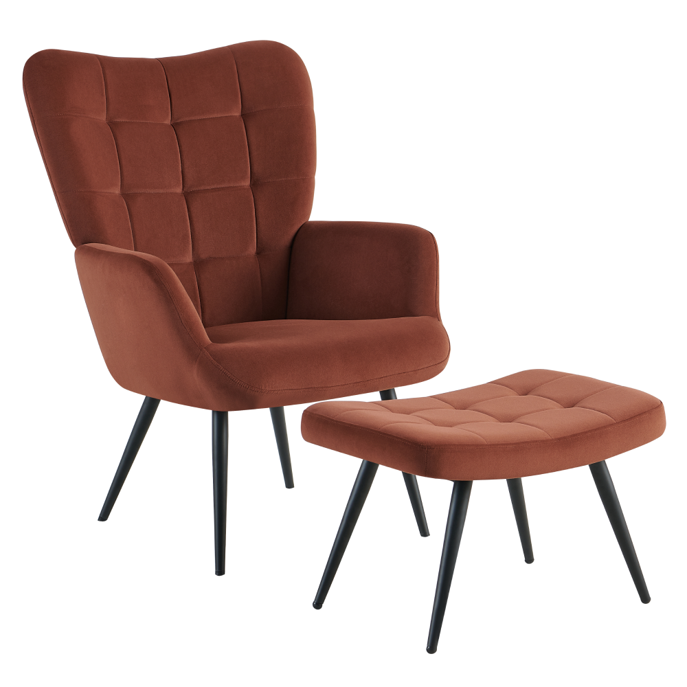 Fotoliu cu suport pentru picioare, ţesătură Velvet maro/negru, HABEN