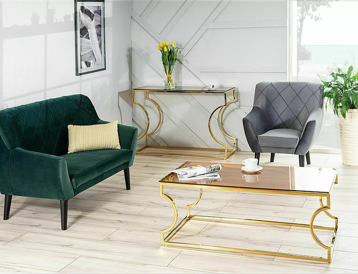 Masuta de cafea Kenzo A, auriu/ sticla securizata