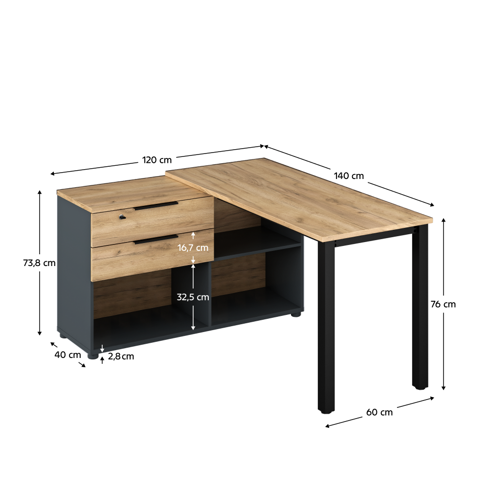 Birou de colţ pentru PC, grafit/stejar artisan, KLAUDIUS TIP 8