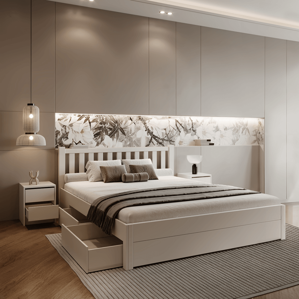 Pat matrimonial cu spaţiu de depozitare, 160x200, alb, LUSY