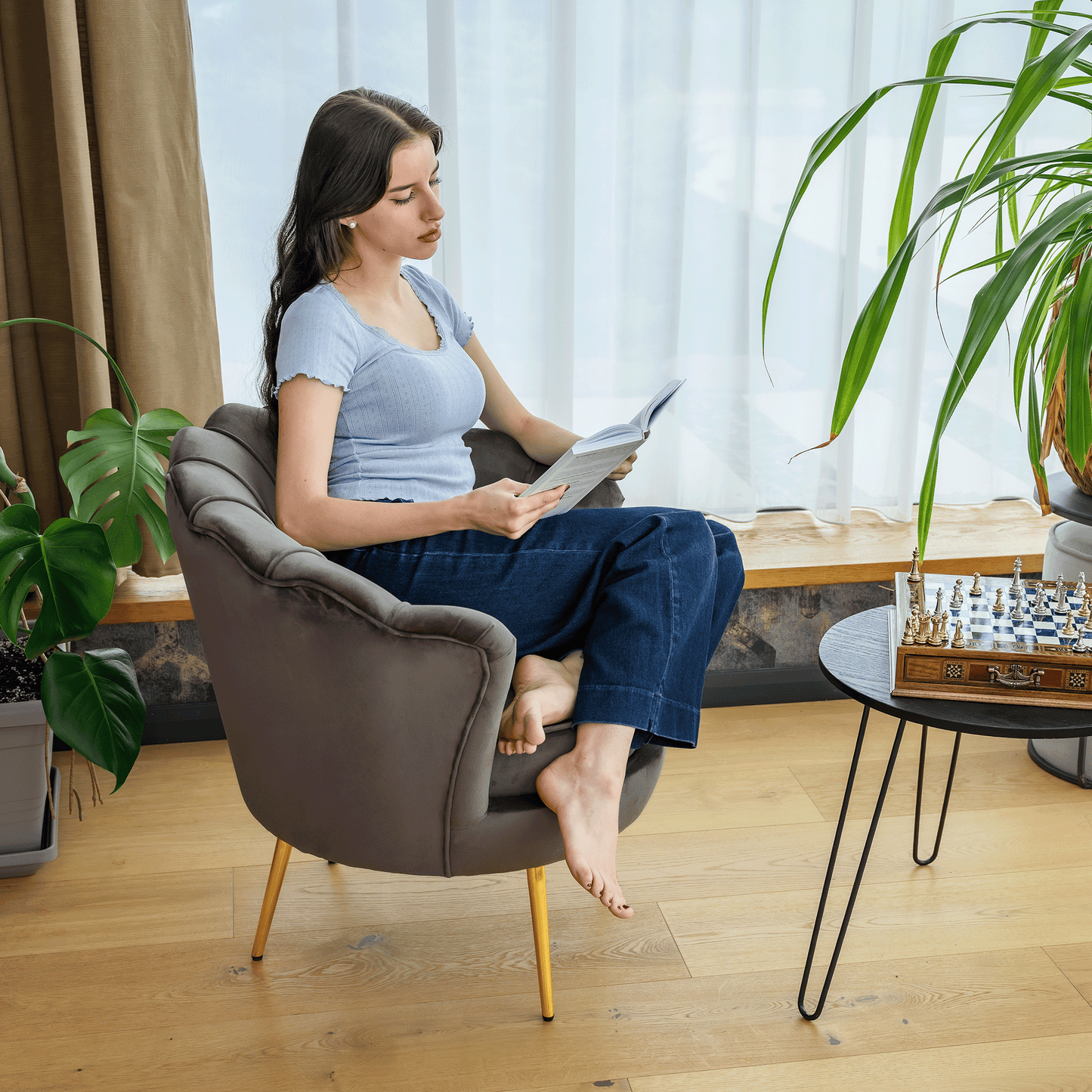 Fotoliu în stilul Art-deco, gri-maro ţesătură Velvet/gold crom auriu, NOBLEO