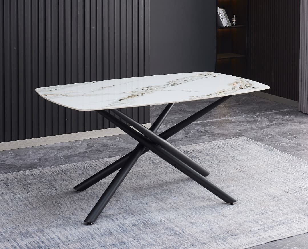 Masa fixa Linus, ceramica alba cu aspect marmorat, 160 x 90 x 76 cm