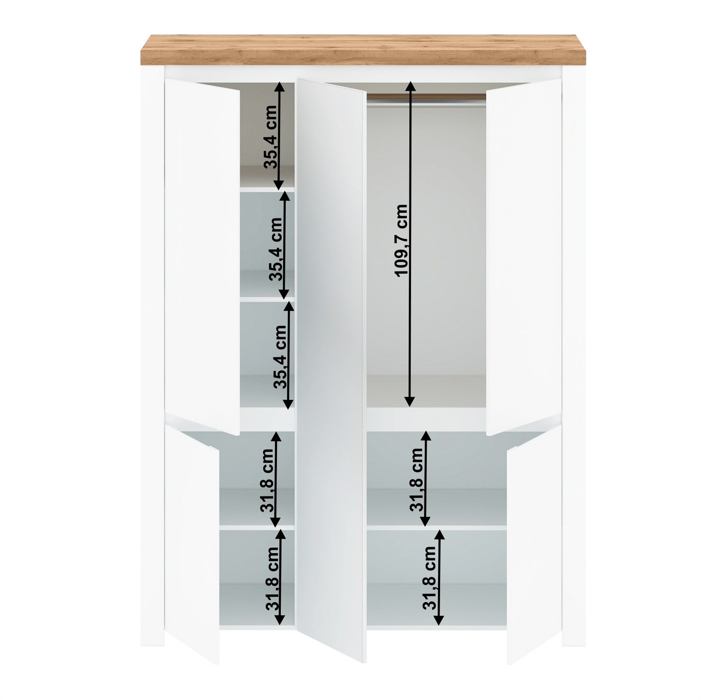 Dulap 5D cu oglindă, alb lucios/ stejar wotan, VILGO