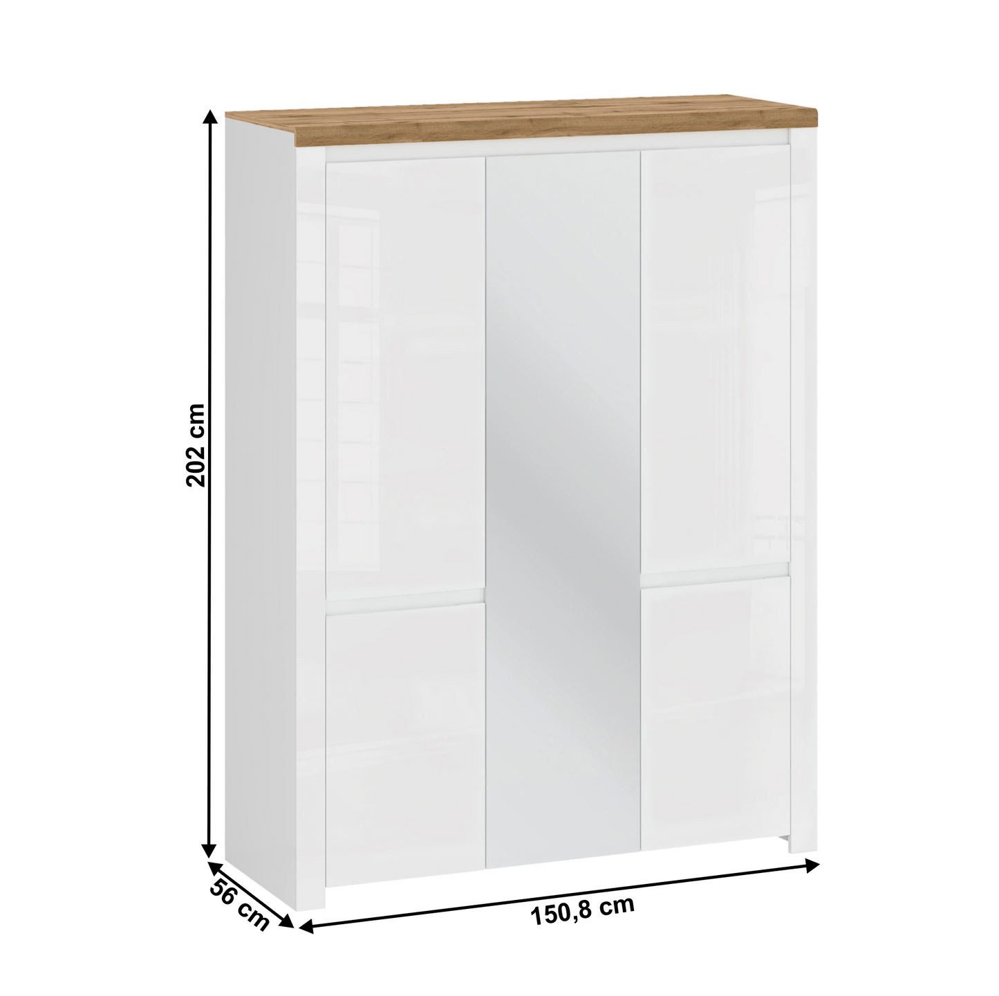 Dulap 5D cu oglindă, alb lucios/ stejar wotan, VILGO