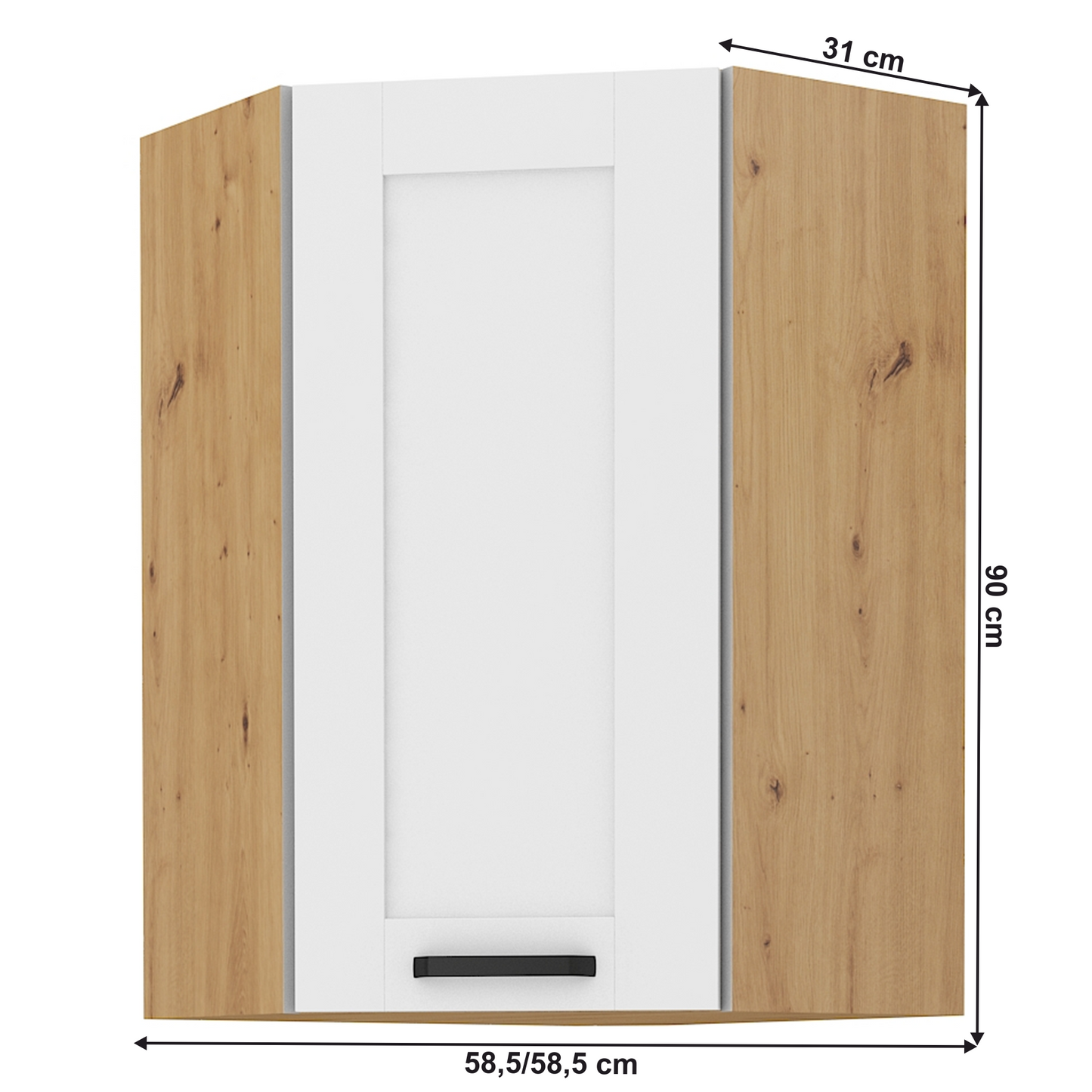 Dulap superior, de colţ, alb/stejar artisan, LULA 58x58 GN-90 1F