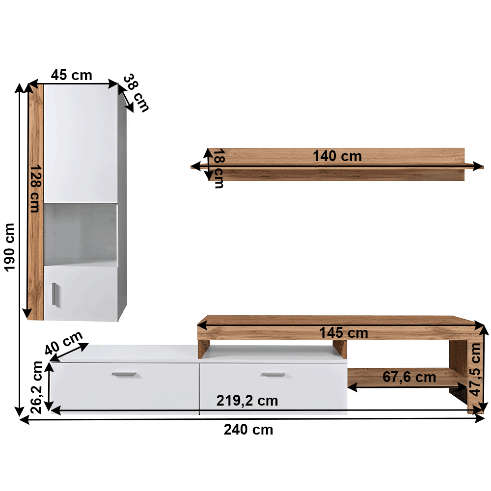 Perete living, stejar wotan / alb, ALUBA