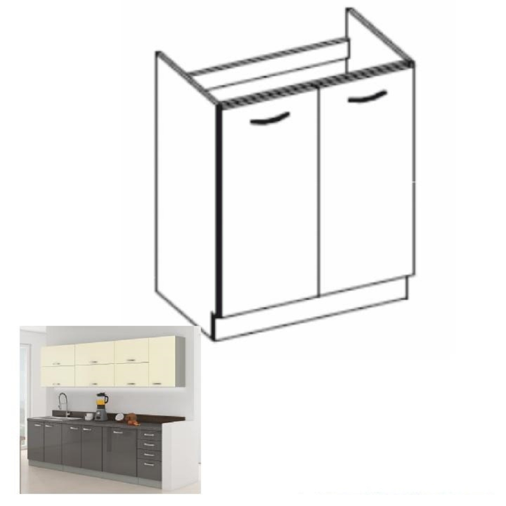 Dulap inferior pentru chiuvetă, gri extra lucios, PRADO 80 ZL 2F BB