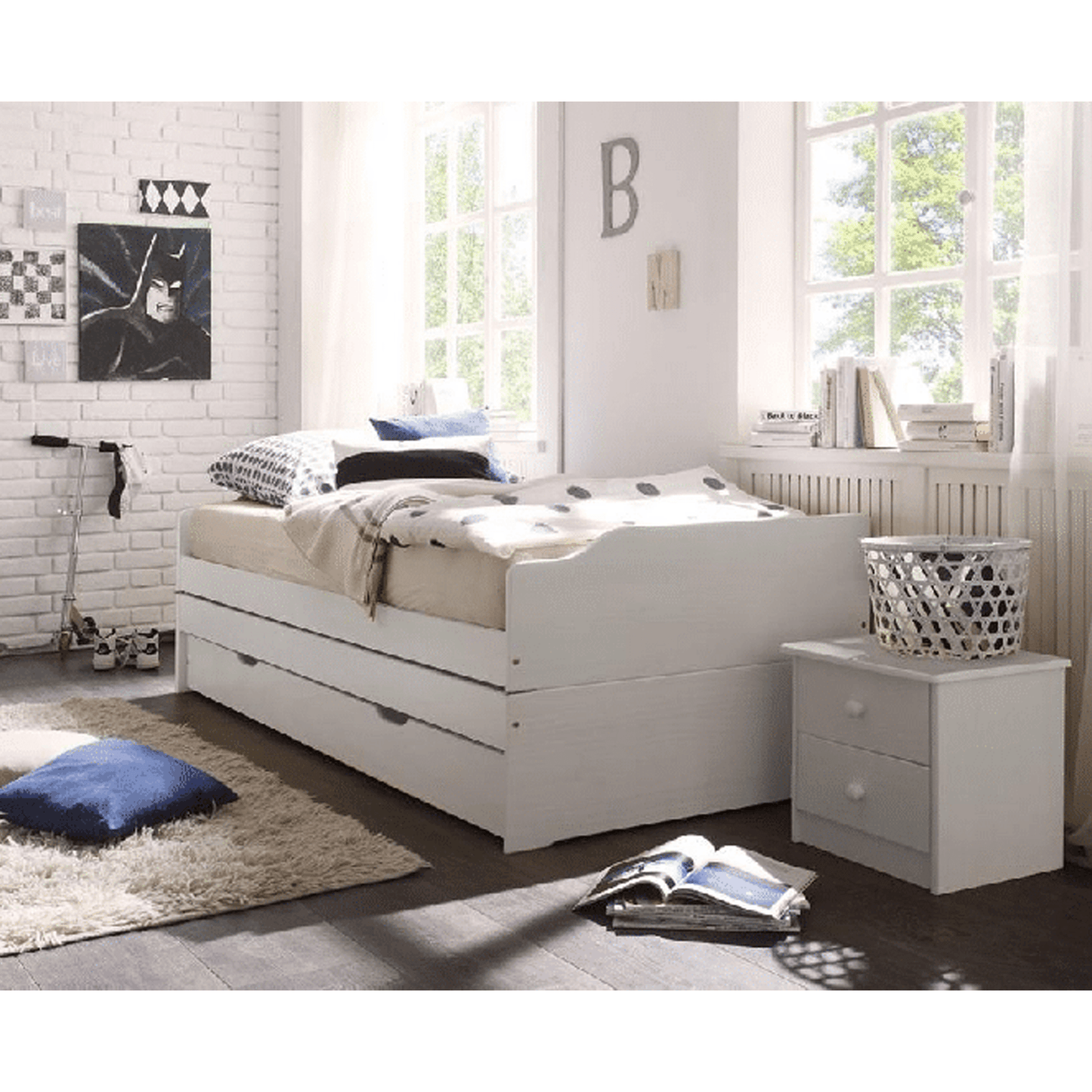 Pat cu module suplimentare extensibile, culoare albă, lemn masiv, 90x200, FLOPY