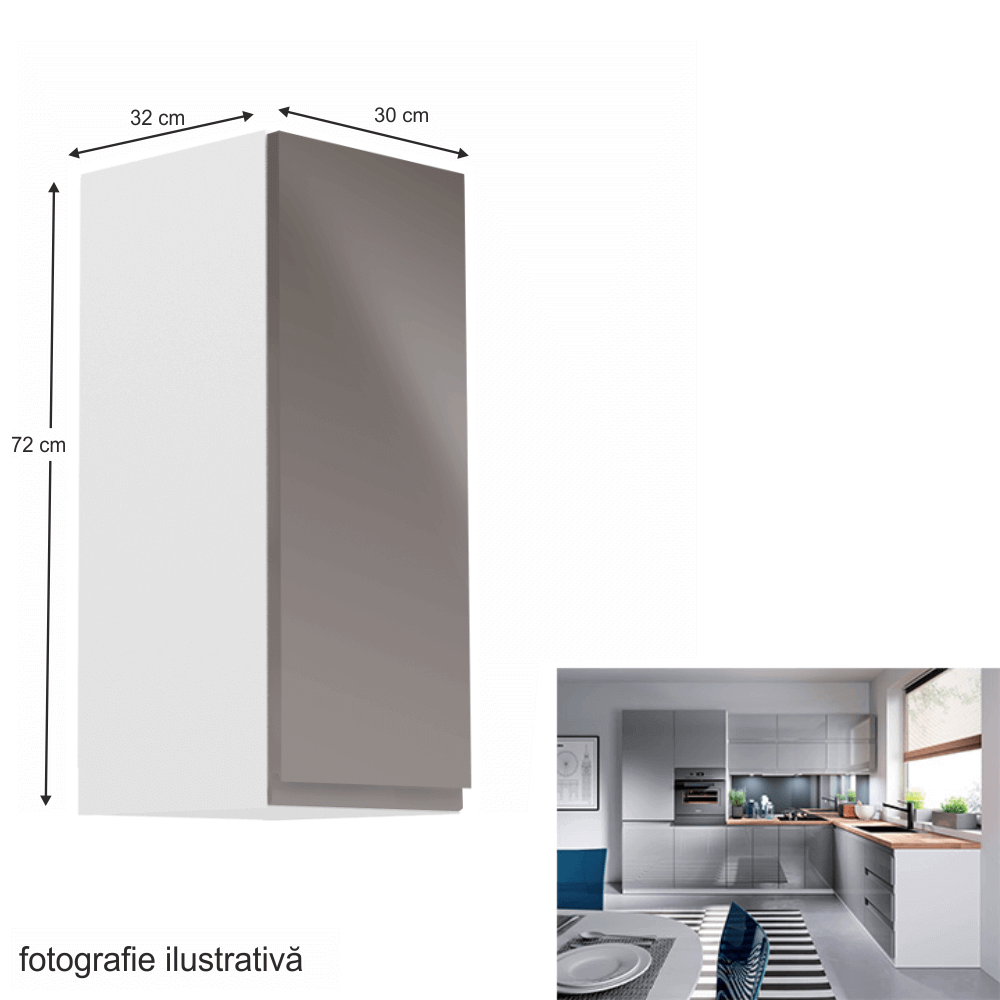 Dulap superior, alb/gri extra lucios, dreapta, AURORA G30