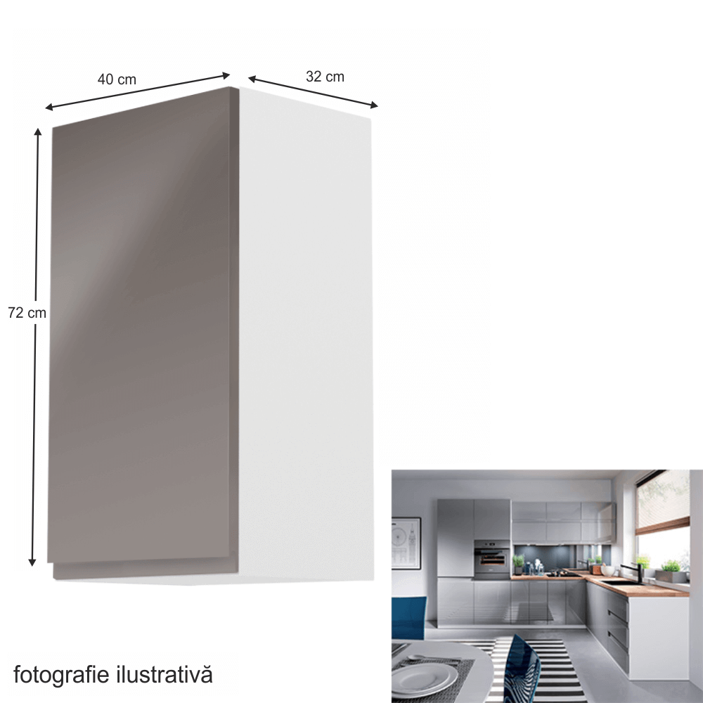 Dulap superior, alb/gri extra lucios, stânga, AURORA G40
