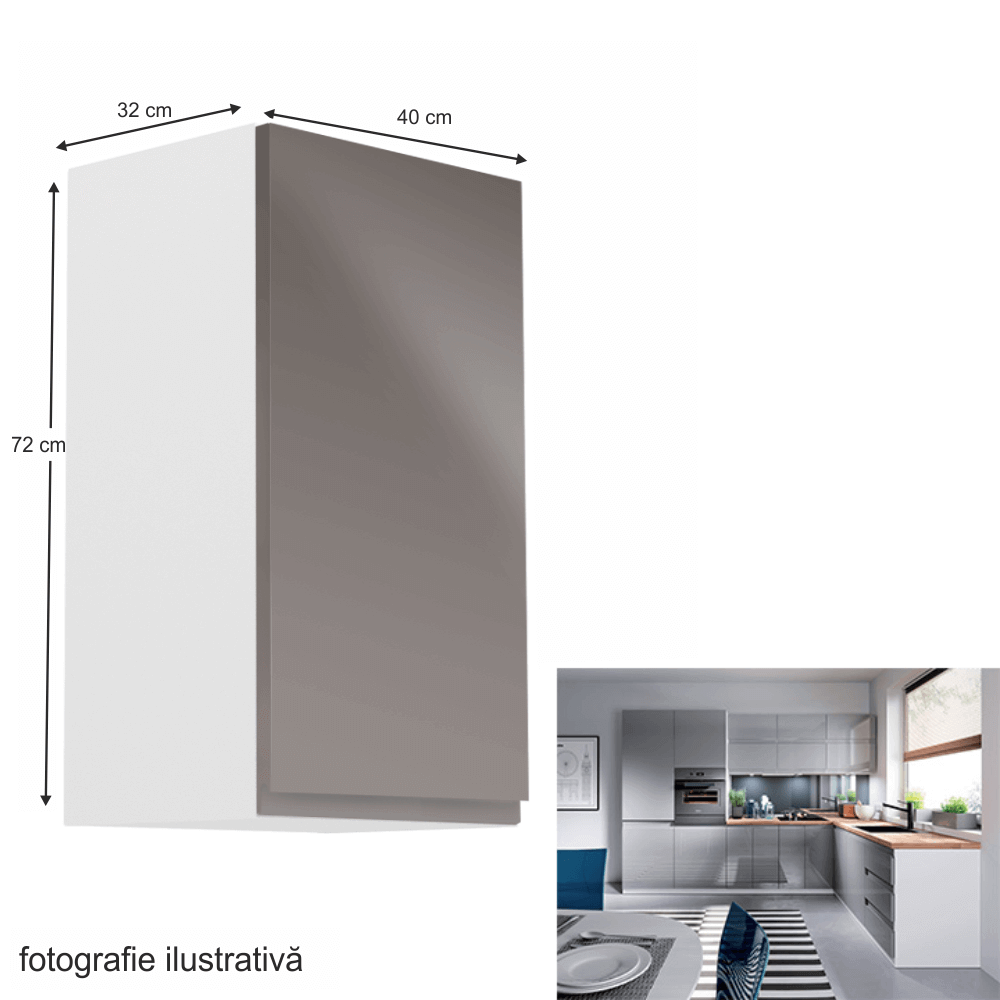 Dulap superior, alb/gri extra lucios, dreapta, AURORA G40