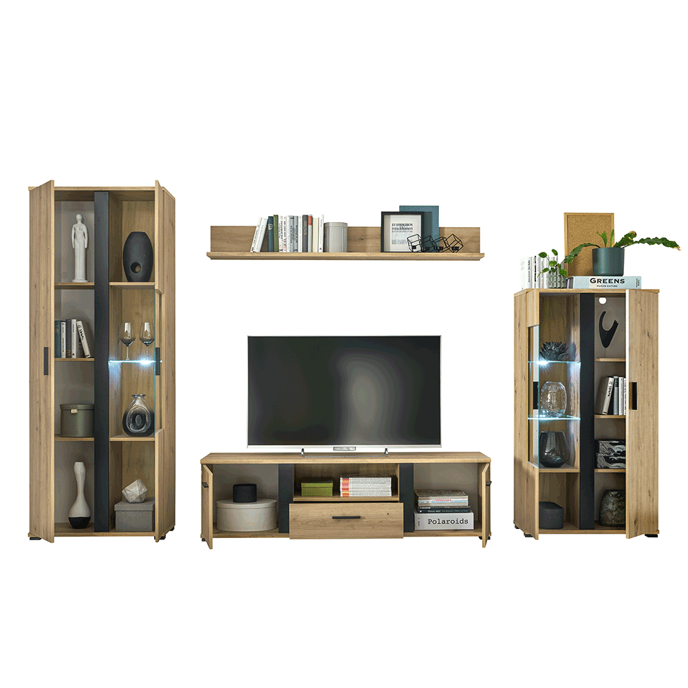 Perete living, stejar artizan / negru, KANODE