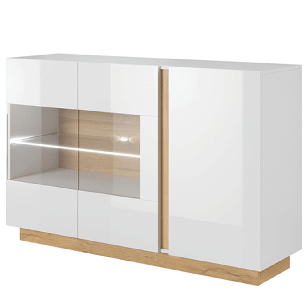 Comodă cu sticlă, alb/stejar grandson/alb lucios, CITY