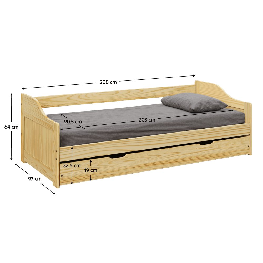 Pat cu pat suplimentar extensibil, din lemn masiv, 90x200, LAURA NEW