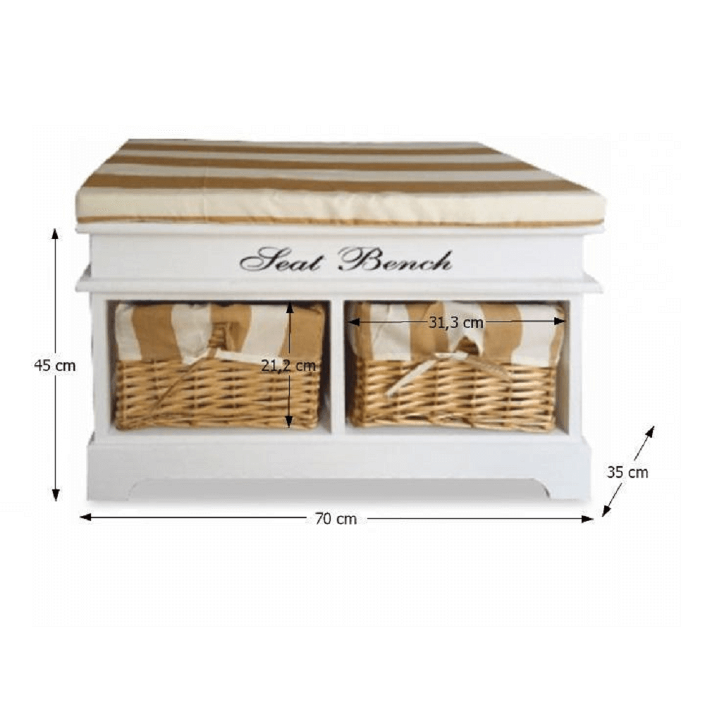 Bancă cu pernă, 2 coşuri de răchită, alb/miere/imprimeu, SEAT BENCH 4