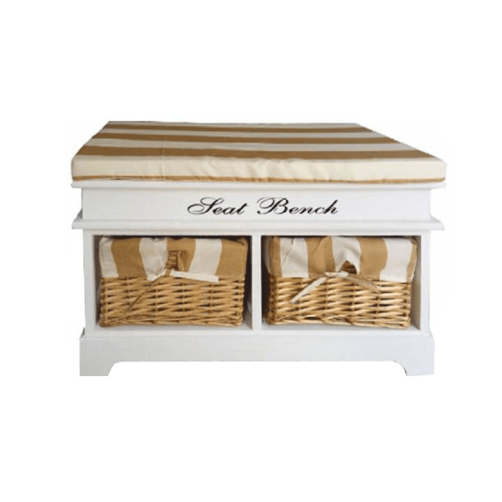 Bancă cu pernă, 2 coşuri de răchită, alb/miere/imprimeu, SEAT BENCH 4