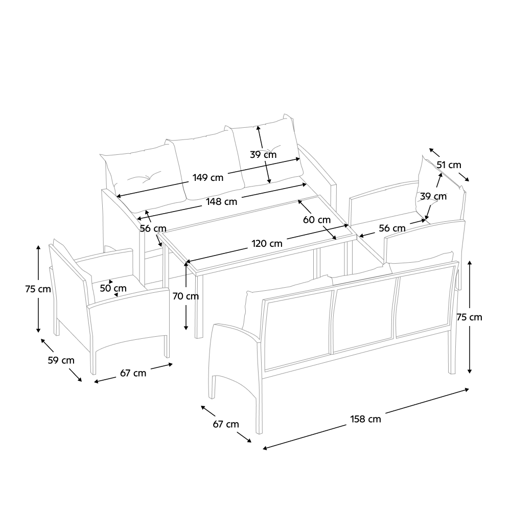 Set de grădină din ratan, 5 piese, negru / gri, LERON