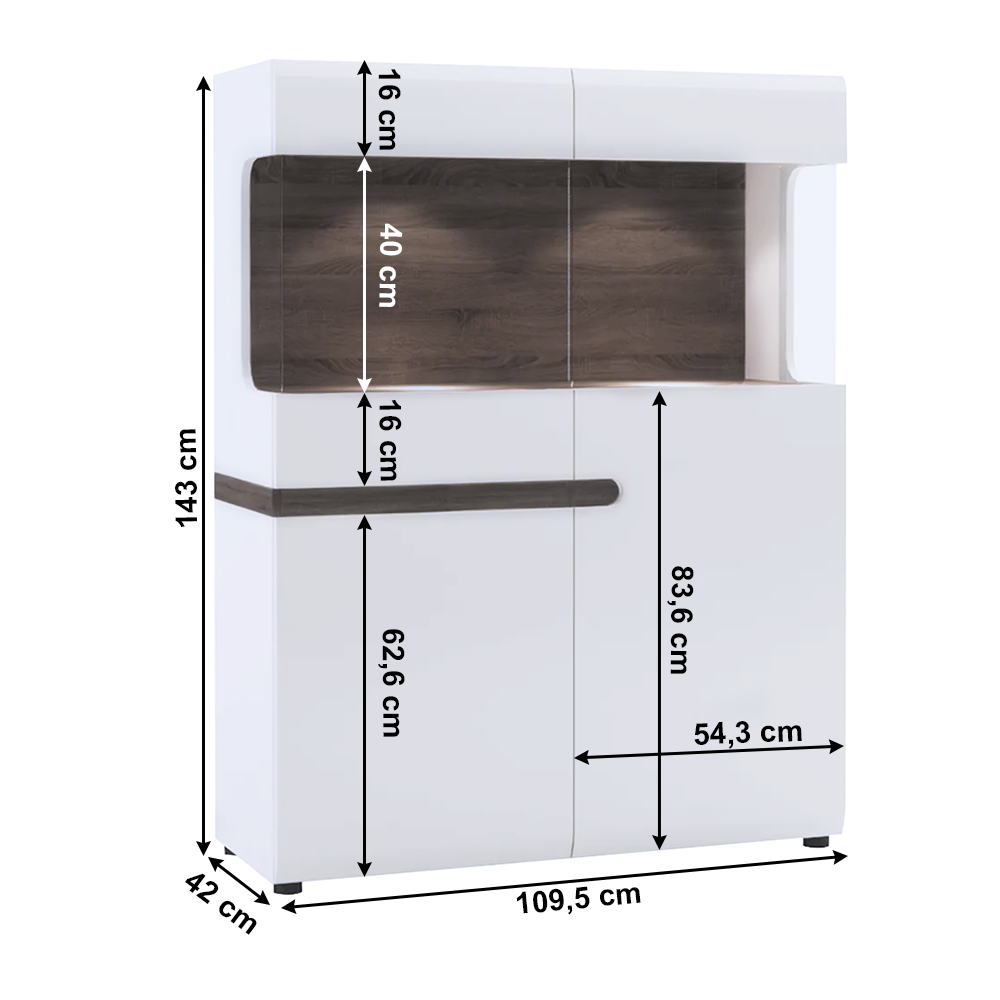 Vitrină, albă extra luciu ridicat HG/stejar sonoma închis, LYNATET TYP 33