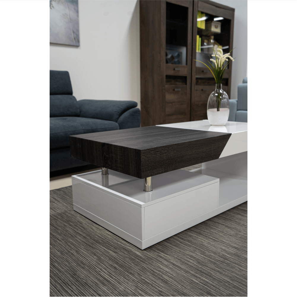 Măsuţă de cafea, alb extra lucios HG/gri cu design din lemn, MELIDA