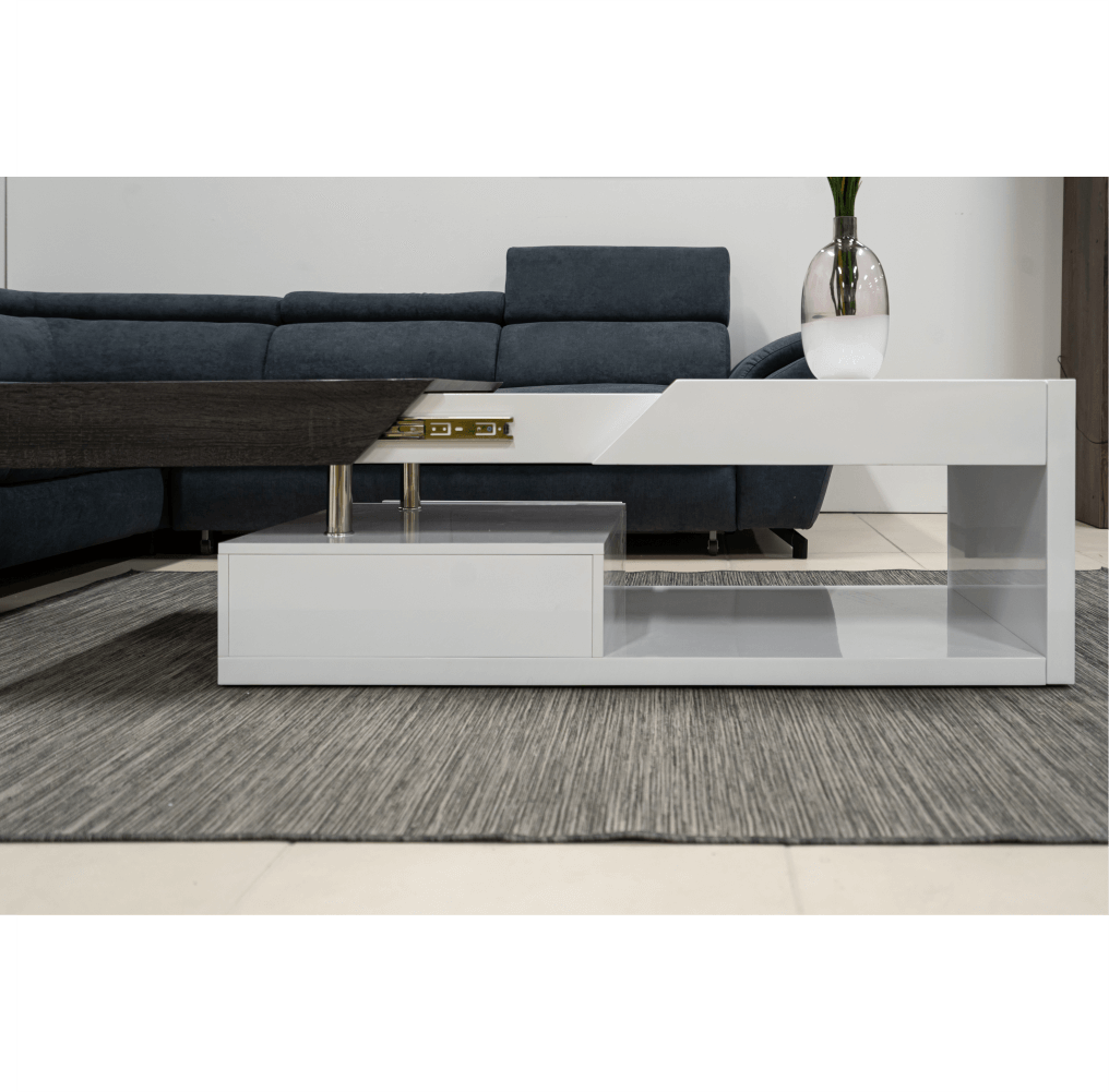 Măsuţă de cafea, alb extra lucios HG/gri cu design din lemn, MELIDA