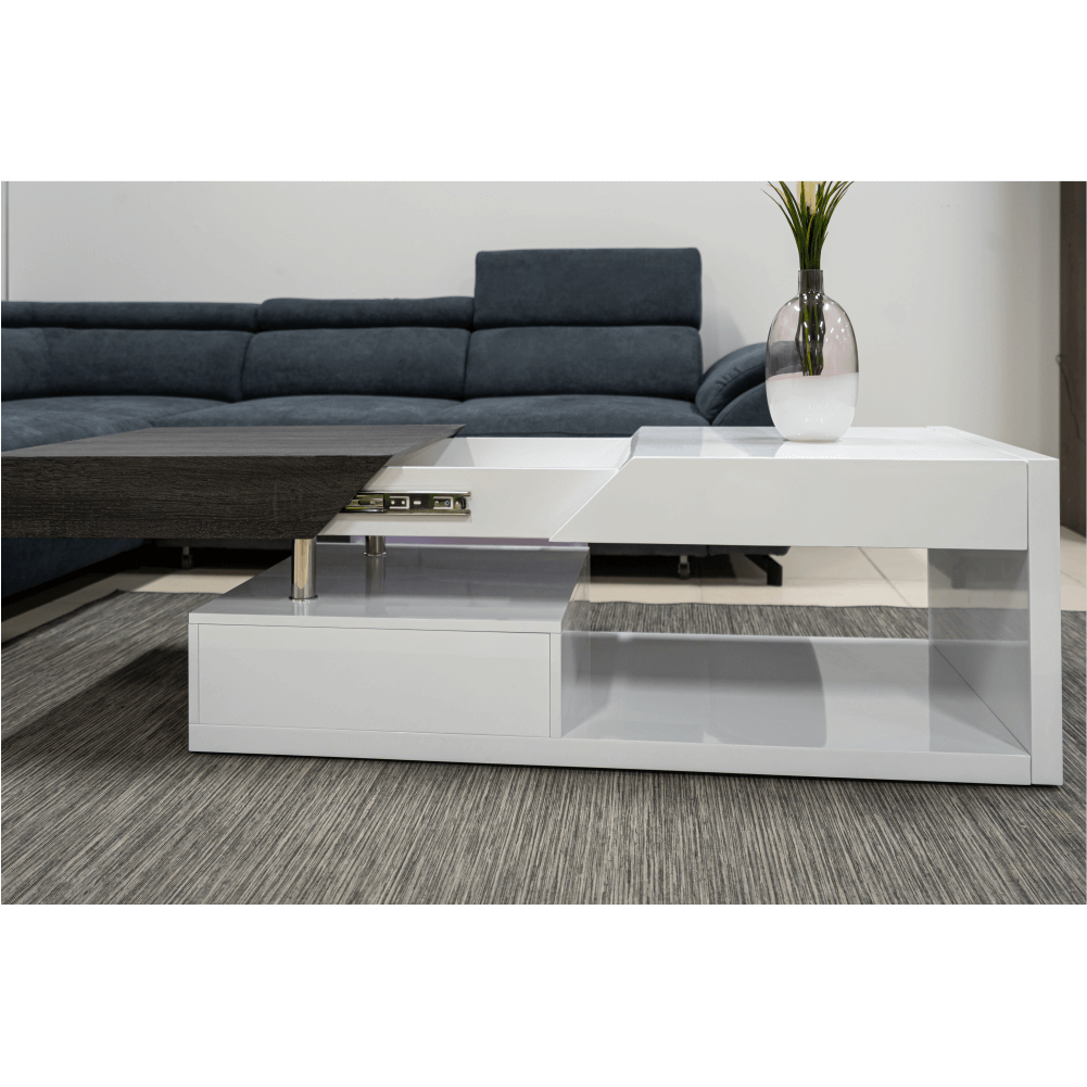 Măsuţă de cafea, alb extra lucios HG/gri cu design din lemn, MELIDA