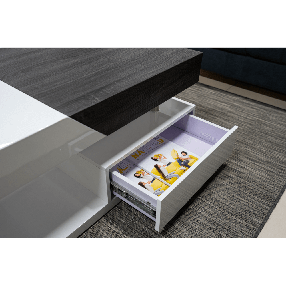 Măsuţă de cafea, alb extra lucios HG/gri cu design din lemn, MELIDA