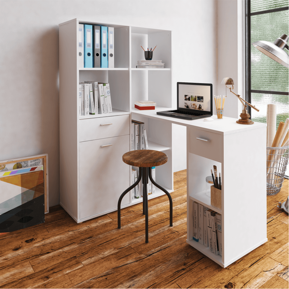 Masă PC cu etajeră, alb, MINESON