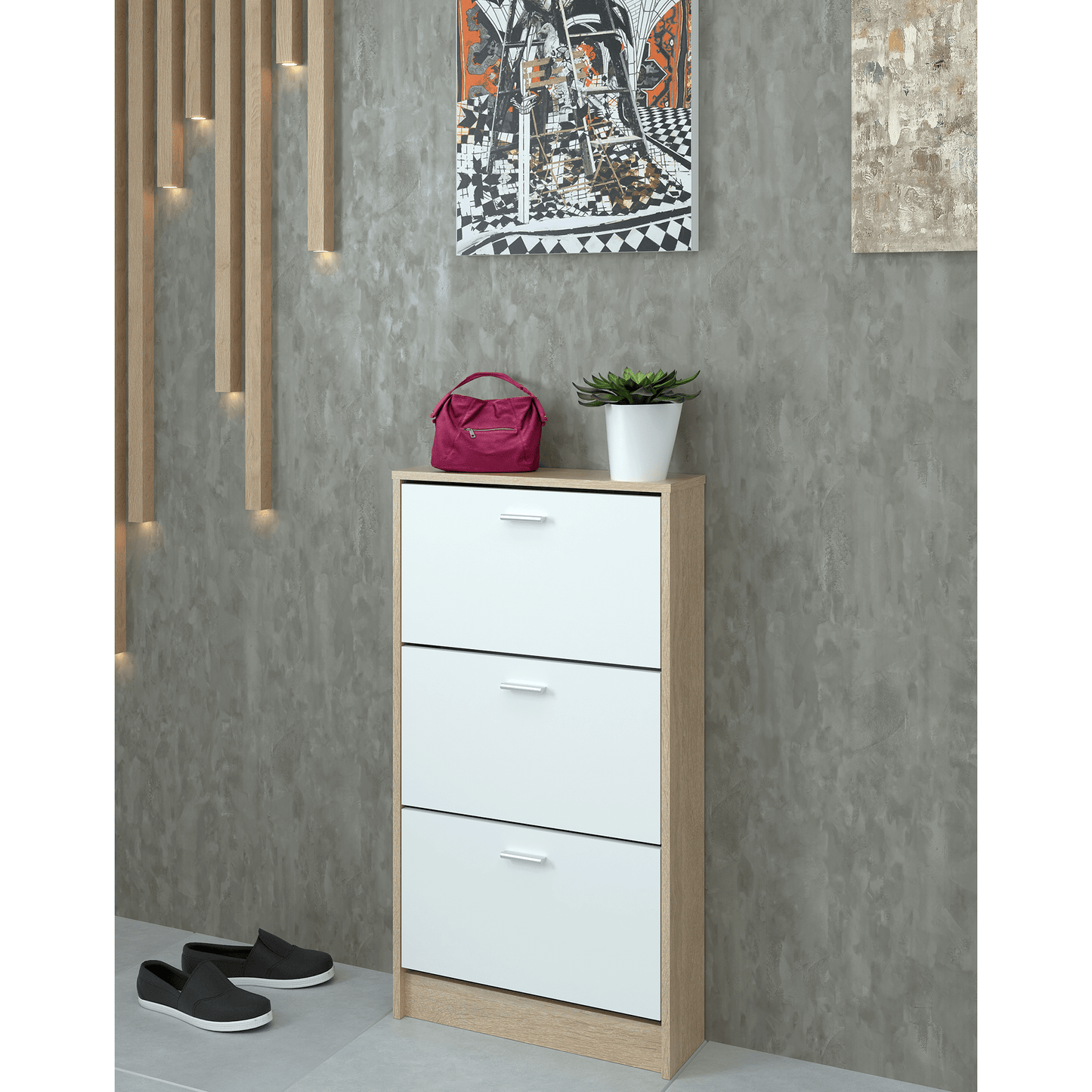 Dulap pantofi, 3 rafturi, stejar sonoma/ alb, MOBI 13